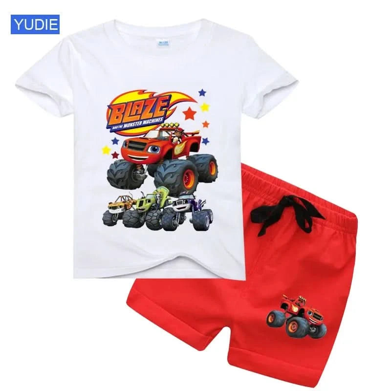 2025 Summer Baby Boy Clothes Set Cartoon Blazing Speed Cars Monster Machines Children Girl Short Sleeve T Shirt+Shorts 2PCS Suit - M & M Global