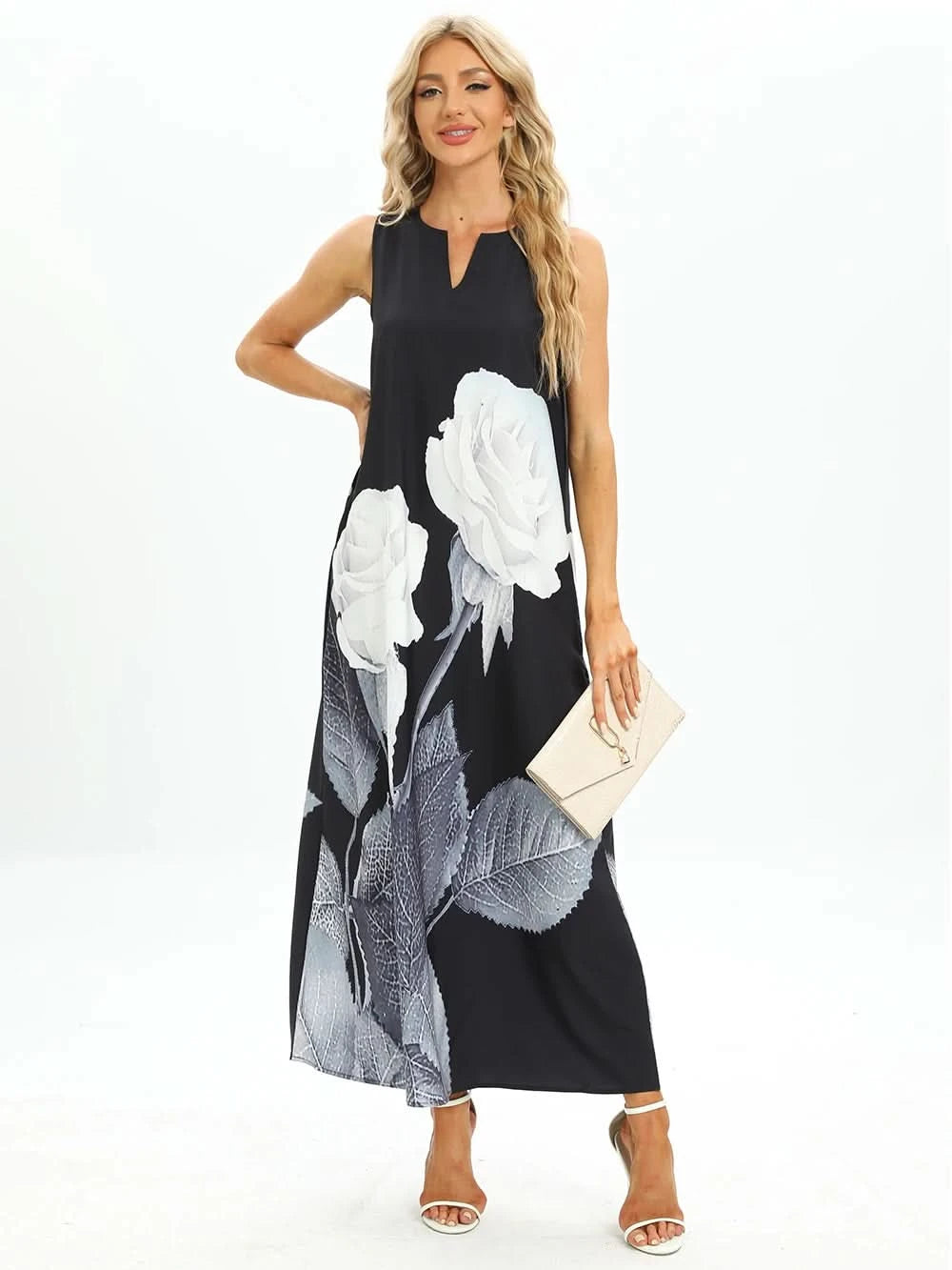 Lady Spring Summer Black Long Dress Sleeveless Red Petals Print Elegant Dresses For Women 2023 Party Beach Women Dress - M & M Global