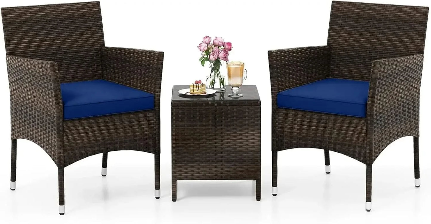 3 Piece Patio Furniture Set, Outdoor Wicker Patio Chairs with Soft Cushions & Tempered Glass Top Table, PE Rattan Bistro
