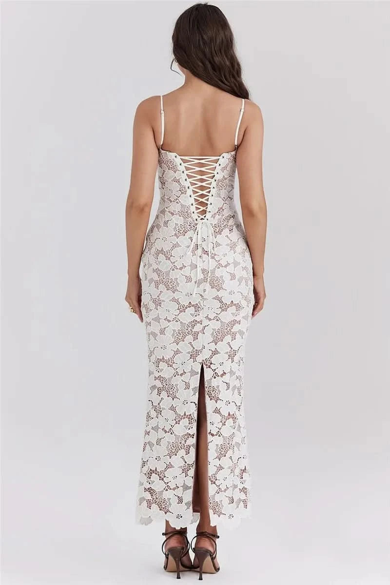 Mozision Floral Embroidery Sexy Maxi Dress For Women Fashion Spaghetti Strap Sleeveless Backless Lace-up Club Party Long Dress - M & M Global