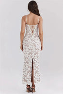 Mozision Floral Embroidery Sexy Maxi Dress For Women Fashion Spaghetti Strap Sleeveless Backless Lace-up Club Party Long Dress - M & M Global