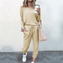 Hot Women's Long Sleeve Round Neck Top and Pants Set Simple Solid Colour Pajama Set Casual O Neck Two Piece Outfit