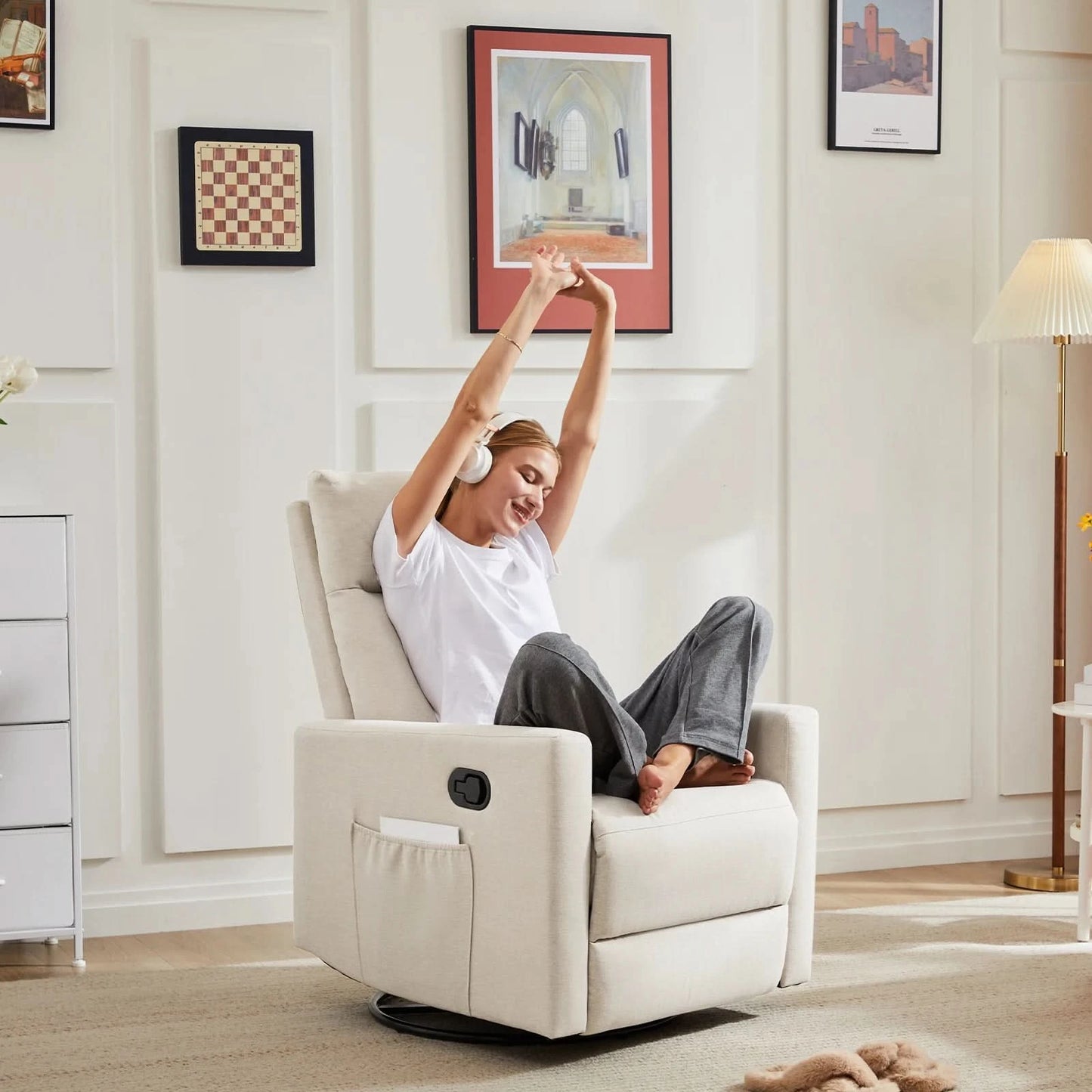 JHK Swivel Rocking Living Room Sofa Manual Upholstered Seating Recliner Angle Adjustable with Extra Large Footrest for Bedroom