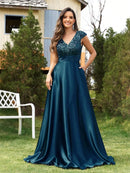 Elegant V-Neck Green Pleats Sequins Evening Dresses Long Luxury Women Satin Sleeveless Wedding Party Cocktail Gowns