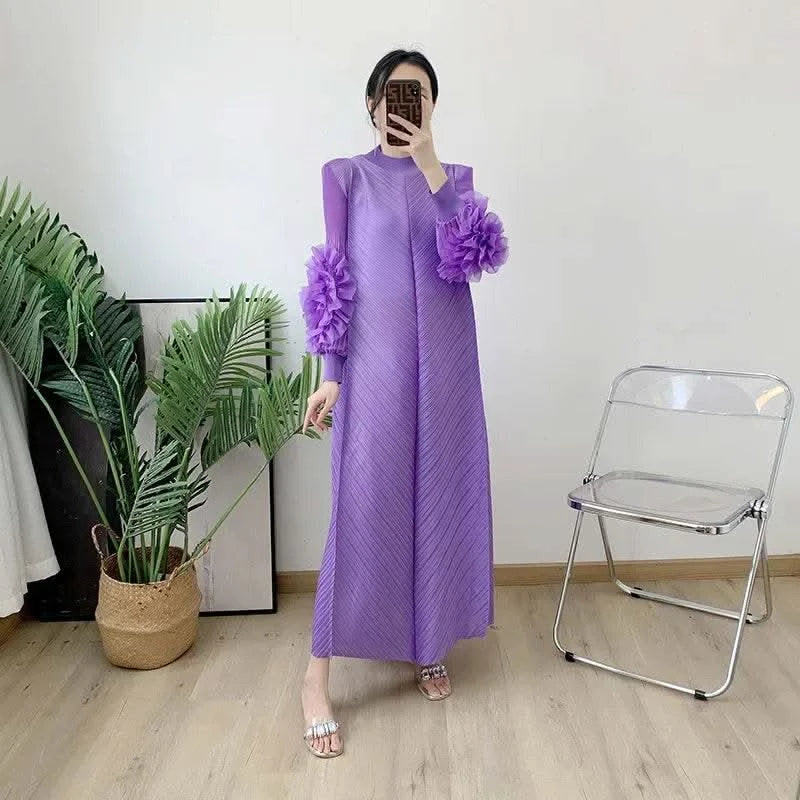 ANLAN Miyake Pleated Maxi Long Dress Mesh Petal Sleeve Half Turtleneck Formal Dresses for Women 2024 New Hot Sales 6KK9927 - M & M Global