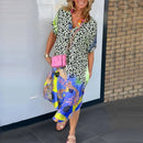 Retro Leopard Print Patchwork Pattern Party Dress Women Sexy V Neck Loose Split Long Dress Spring Summer Short Sleeve Boho Dress - M & M Global
