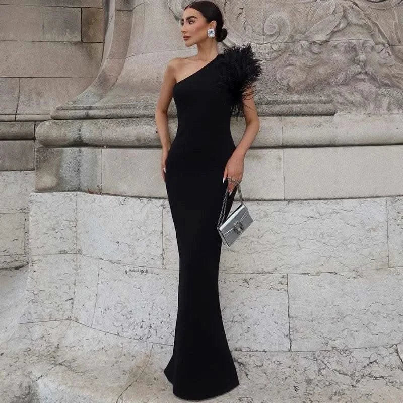 Dulzura Black Sleeveless One Shoulder Maxi Dress For Women Bodycon Sexy Party Elegant Long Dress Birthday Evening Outfit - M & M Global