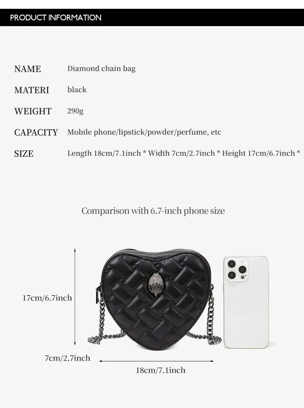 2024 Women's Heart-Shaped Herringbone Crossbody Bag with Eagle and Bird Head Shoulder Bag Chain Purse - M & M Global