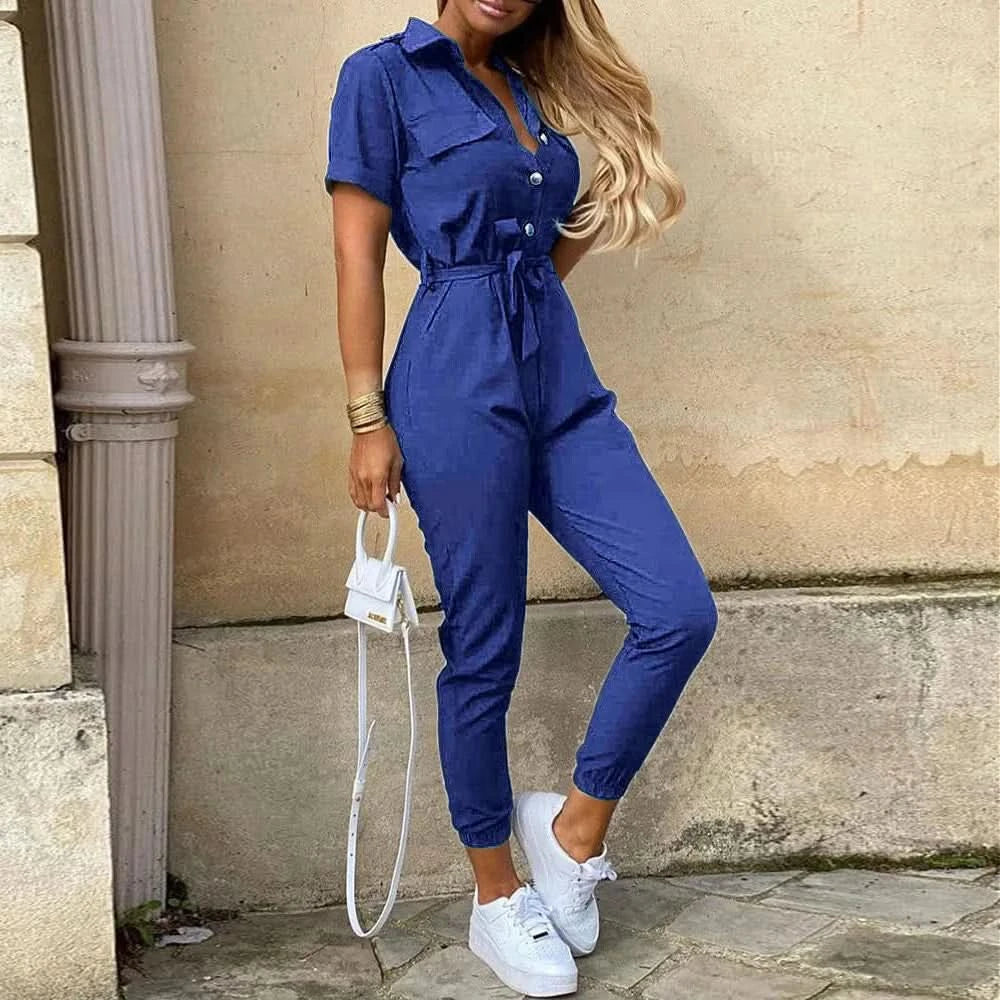 Women's Monochromatic Belt Workwear Jumpsuit, Casual Pants, Flip Collar, Buckle, European and American, Summer, 2024 - M & M Global