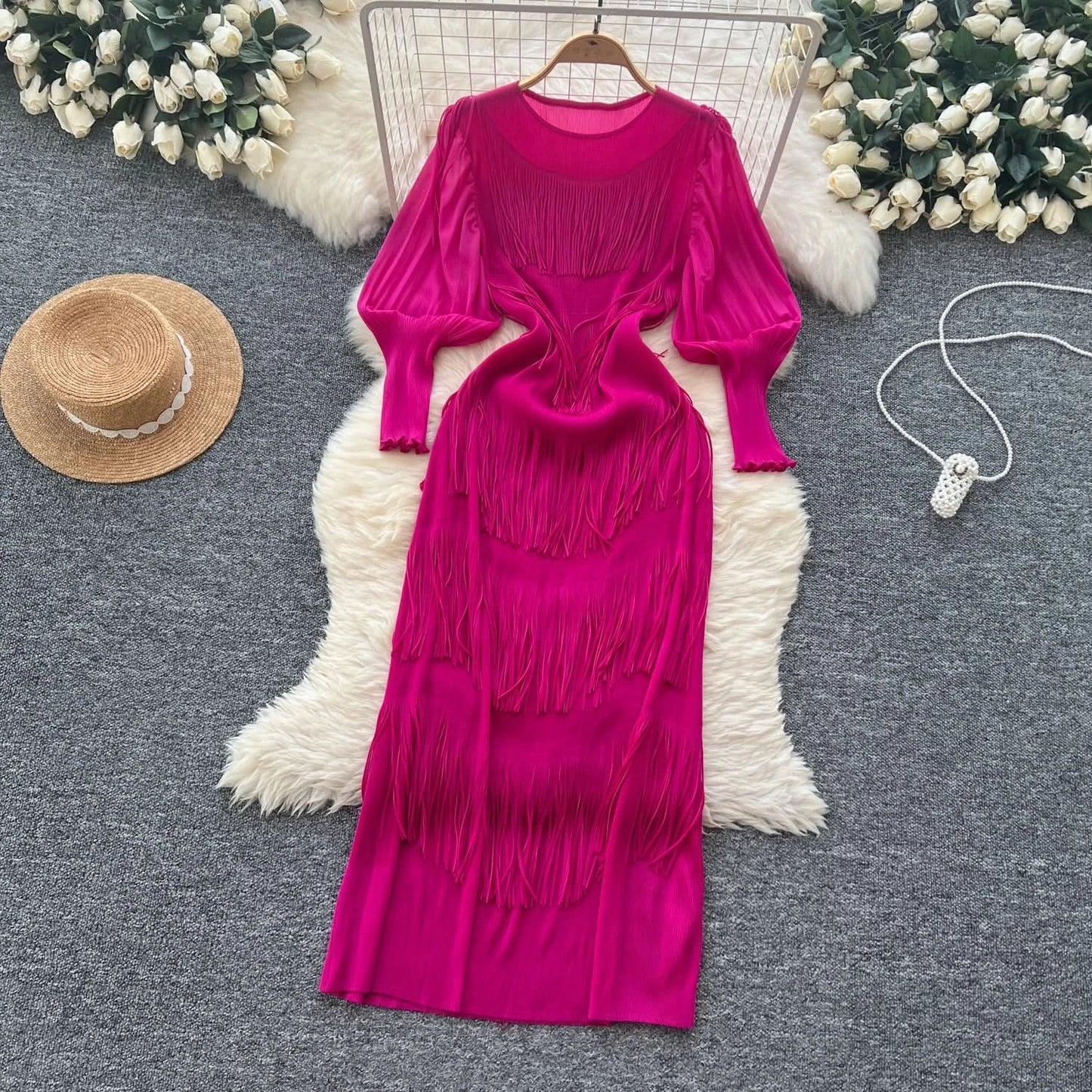 Vintage O-Neck Elegant Long Lantern Sleeve Chic Tassel Slim Long Dress French Fashion Evening High Street Autumn Winter Clothing - M & M Global