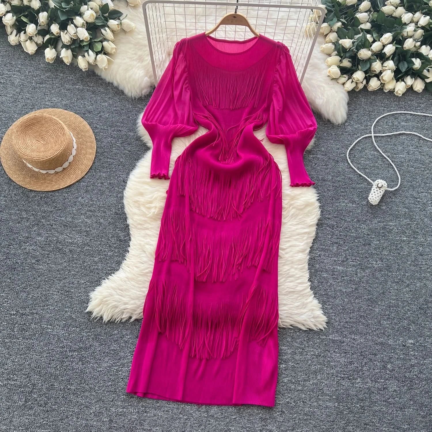 Vintage O-Neck Elegant Long Lantern Sleeve Chic Tassel Slim Long Dress French Fashion Evening High Street Autumn Winter Clothing - M & M Global