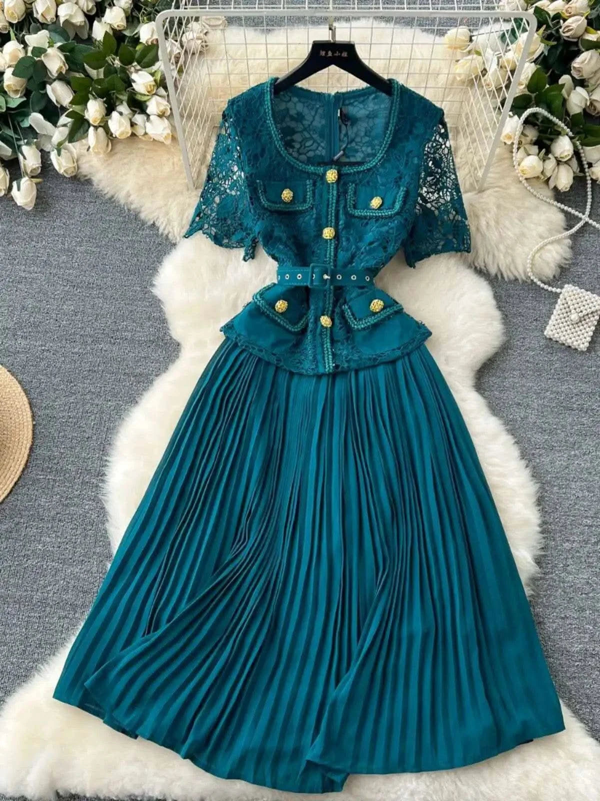 Designer 2025 Summer Pleated Chiffon Lace Long Dress Women Flower Embroidery Gold Button Belt Evening Party Dresses Wedding Robe - M & M Global
