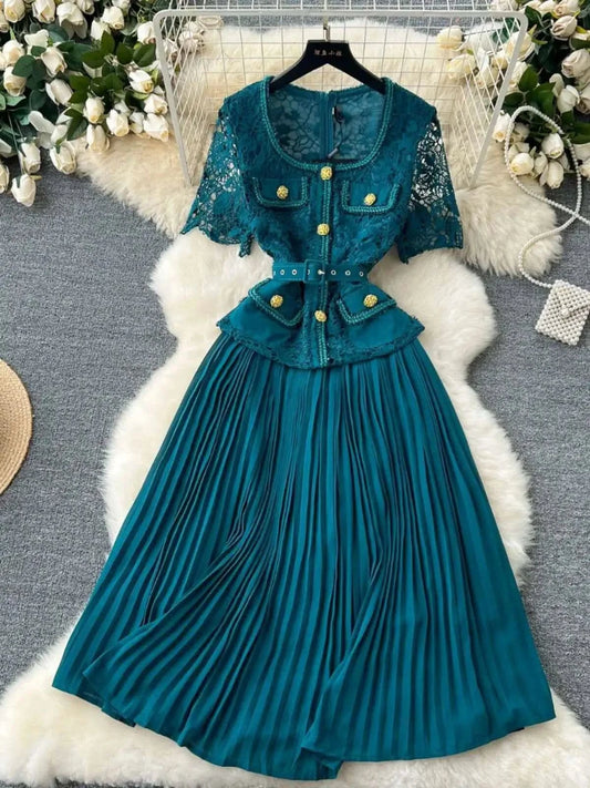 Designer 2025 Summer Pleated Chiffon Lace Long Dress Women Flower Embroidery Gold Button Belt Evening Party Dresses Wedding Robe - M & M Global