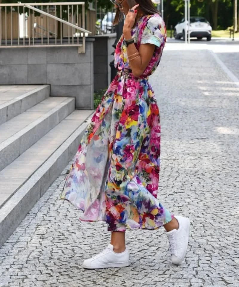 Women's Fashionable Casual Loose Dress Ladies Floral Tie V-neck Split Print Short Sleeved Long Dress - M & M Global