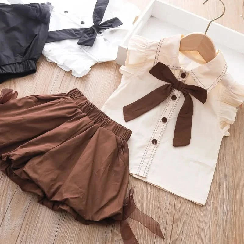 Girls Summer Casual Set Summer Vacation Bow Top + Shorts 2 Piece Set Children Clothes Girl - M & M Global
