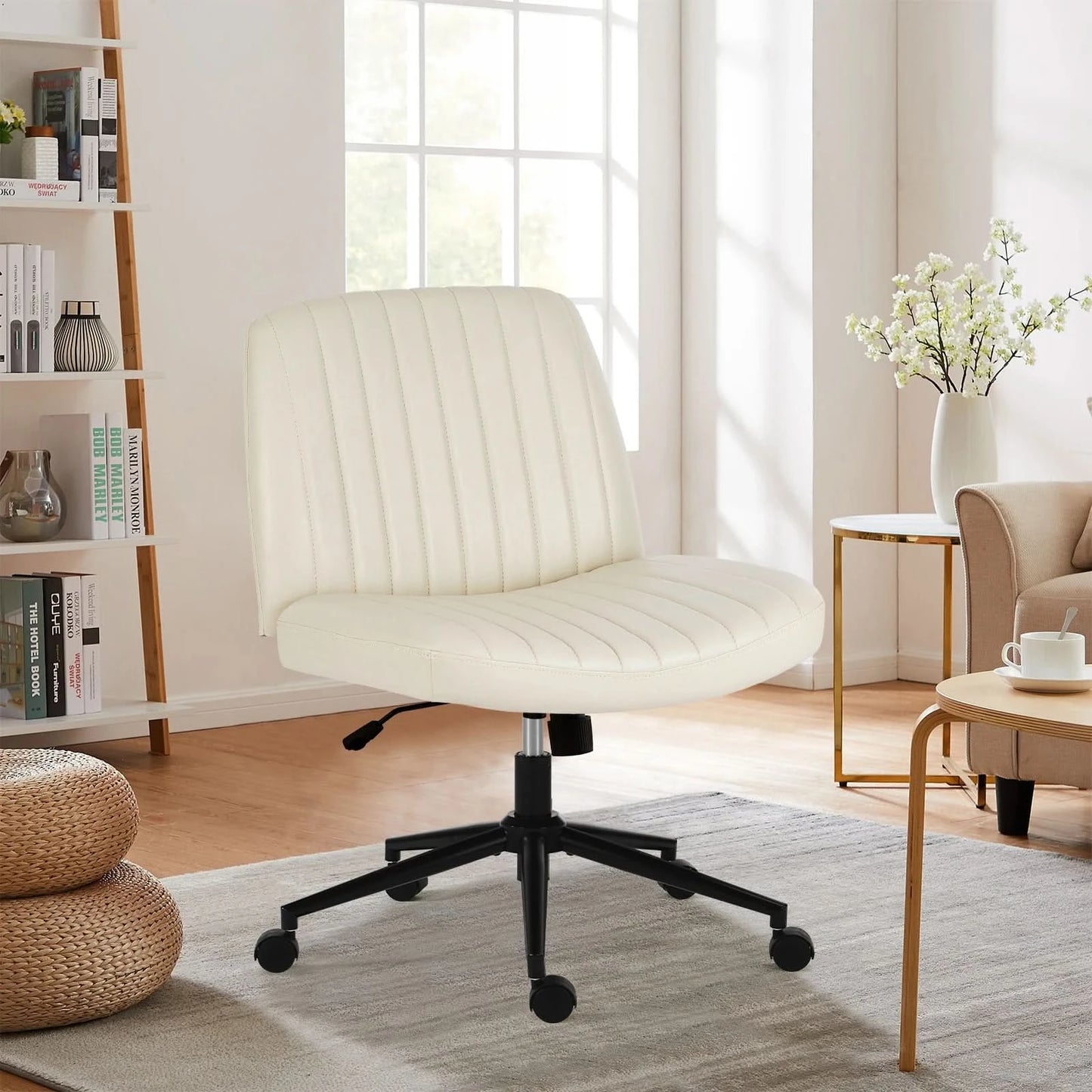 JHK Armless Cross Office Chairs with Wheels PU Leather Swivel Living Room Desk Chair Height Adjustable Support Seat Furniture