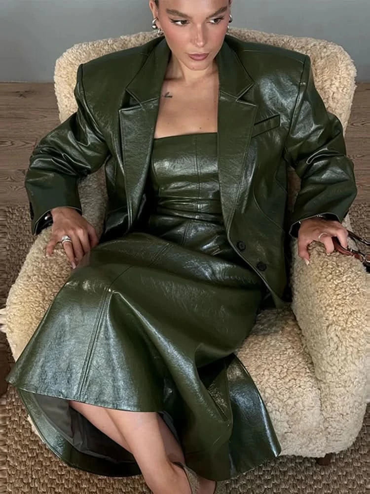 PU Leather Strapless Dresses Coat Women's Two Pieces Set Vintage Tube Sleeveless Slim Long Dress Lapel Jackets Street Outfits - M & M Global