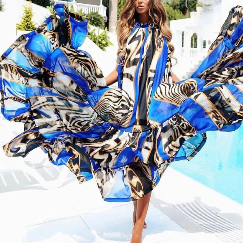 Sexy Summer Party Dress Women Fashion Bow Straps High Waist Pleated Beach Dress Chiffon Casual Floral Print Bohemian Long Dress - M & M Global