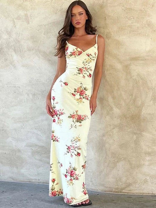 Dulzura Floral Print Strap Midi Dress For Women Bodycon Sexy Party Clothes 2024 Summer Long Dress Y2K Clothes Evening Holiday - M & M Global