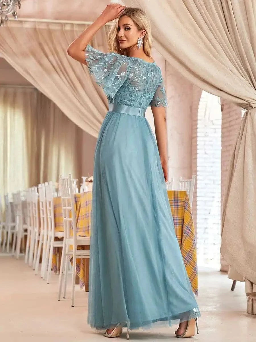 2023 New Women's Burgundy A-Line Sequin Mesh Leaf Maxi Prom Dress Sparkle Evening Dresses O-Neck Short Sleeve Long Dress - M & M Global