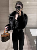 Autumn Winter Now Locomotive Wind Hottie Sweet Cool Fashion Coat Women Patchwork Imitation Fox Fur Leather and Fur Solid Tops
