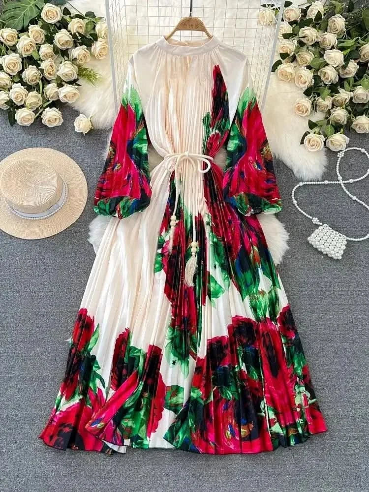 Spring Holiday Print Long Dress For Women Fashion Loose Lantern Sleeve Party Robe Female Big Swing Tassels Belt Pleated Clothes - M & M Global