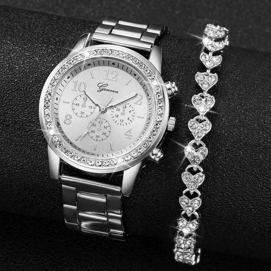2PCS Women's Watch Fashion Rhinestone Ladies Analog Quartz Watches Bracelet Set Reloj Mujer Girls Clock Gift - M & M Global