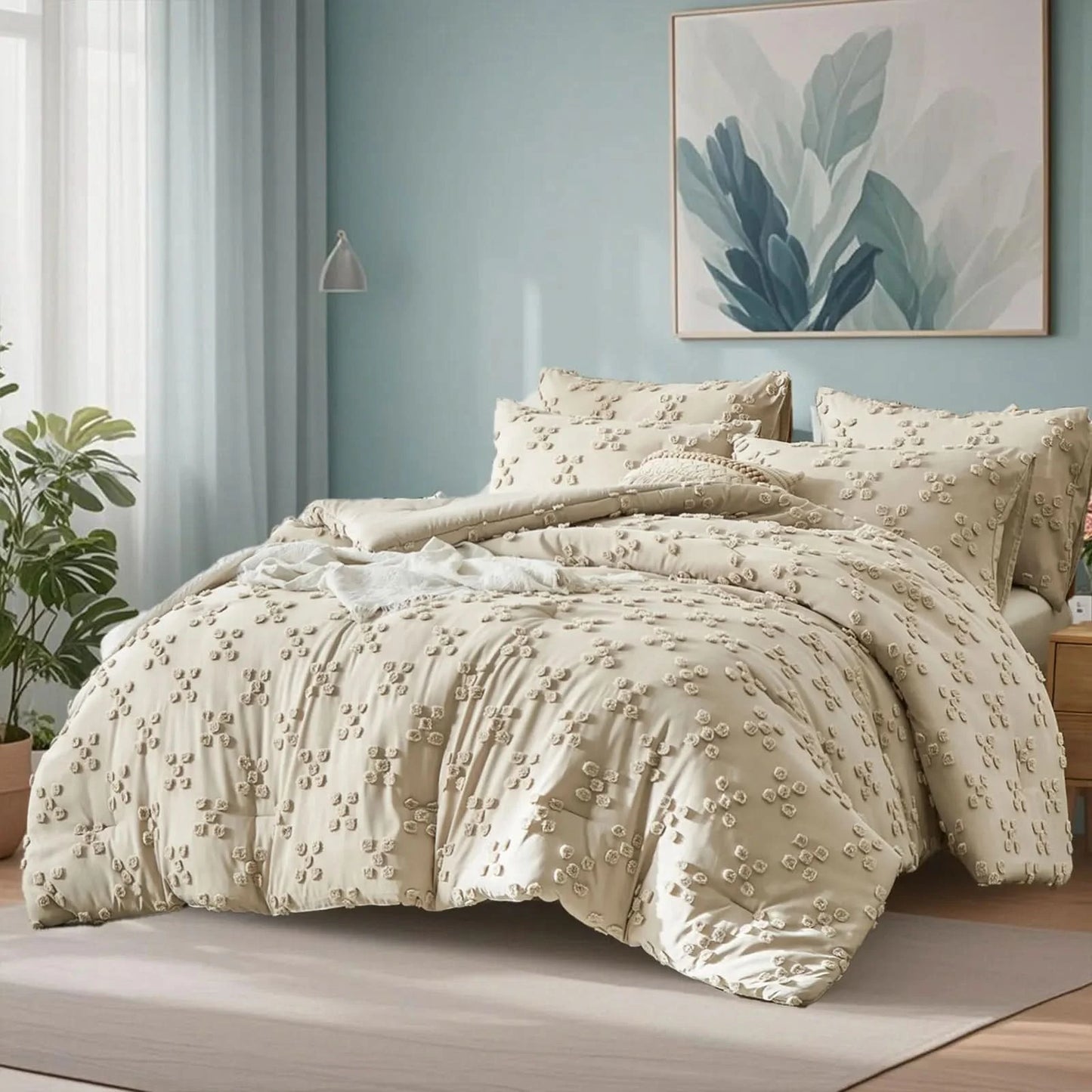 Solid color tufted bedding set, microfiber is lightweight and breathable, machine washable, queen/king size, all seasons