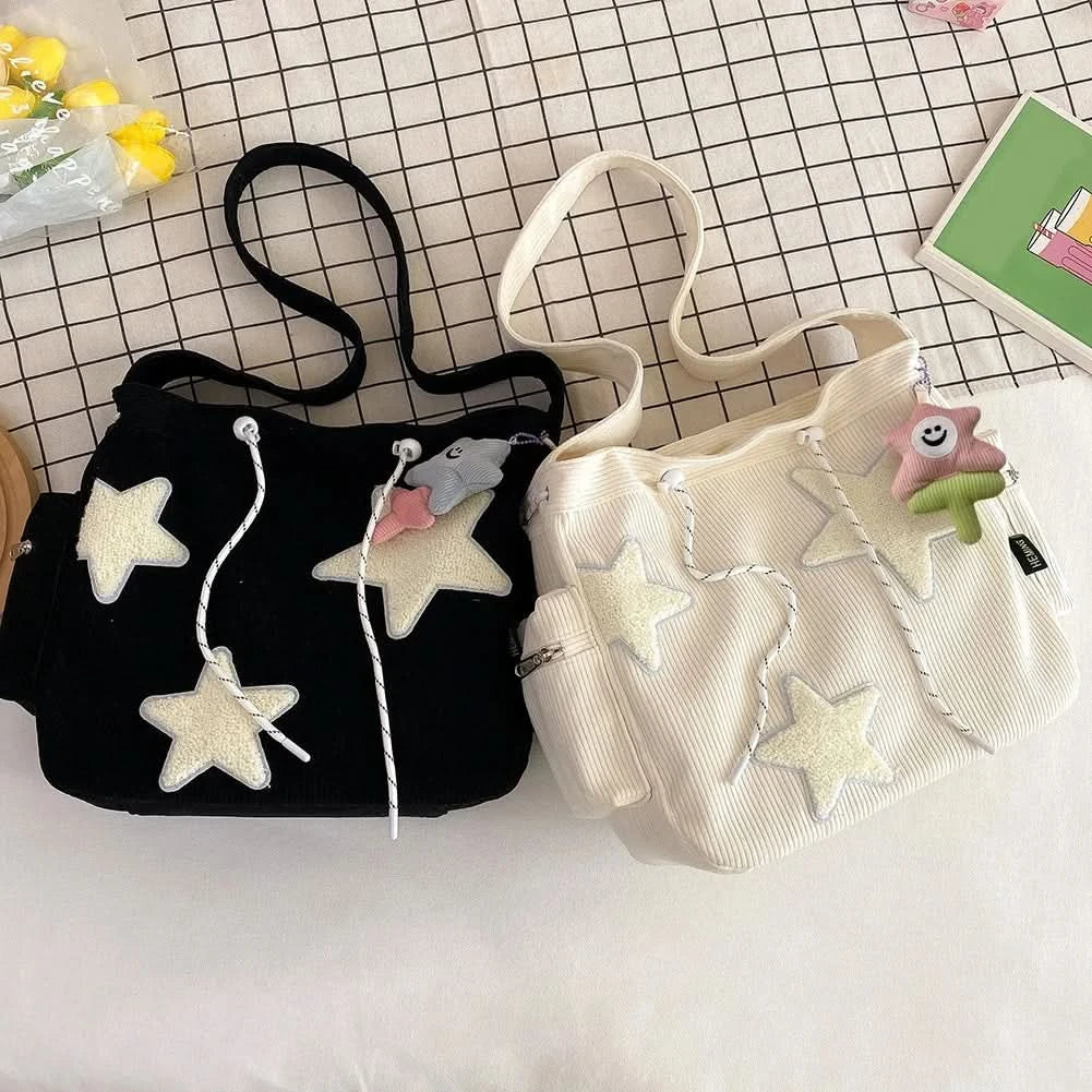 Women Star Pattern Corduroy Crossbody Bag Casual Tote Lady Fashion Large Capacity Shoulder Bag Girl Travel Messenger Bag Handbag - M & M Global