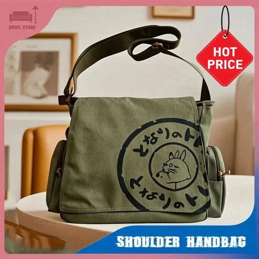 Canvas Messenger Handbag Washed Women Oblique Straddle Canvas Bag Large Capacity Simple Vintage Cartoon Leisure Shoulder Handbag - M & M Global
