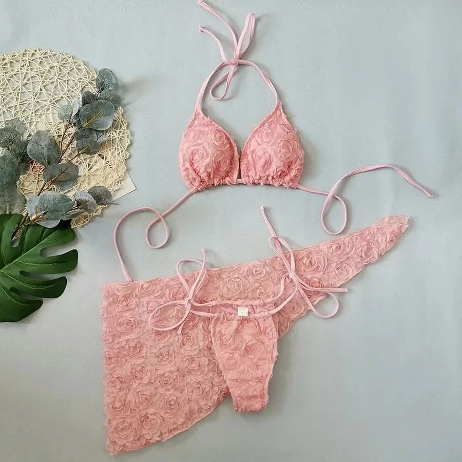 Women's Sexy 3 Piece Bikini Set 3D Flower Beach Skirt Swimsuit Pure Pink Triangle Halter Backless Thong Swimwear 2025 Summer New - M & M Global