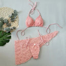 Women's Sexy 3 Piece Bikini Set 3D Flower Beach Skirt Swimsuit Pure Pink Triangle Halter Backless Thong Swimwear 2025 Summer New - M & M Global