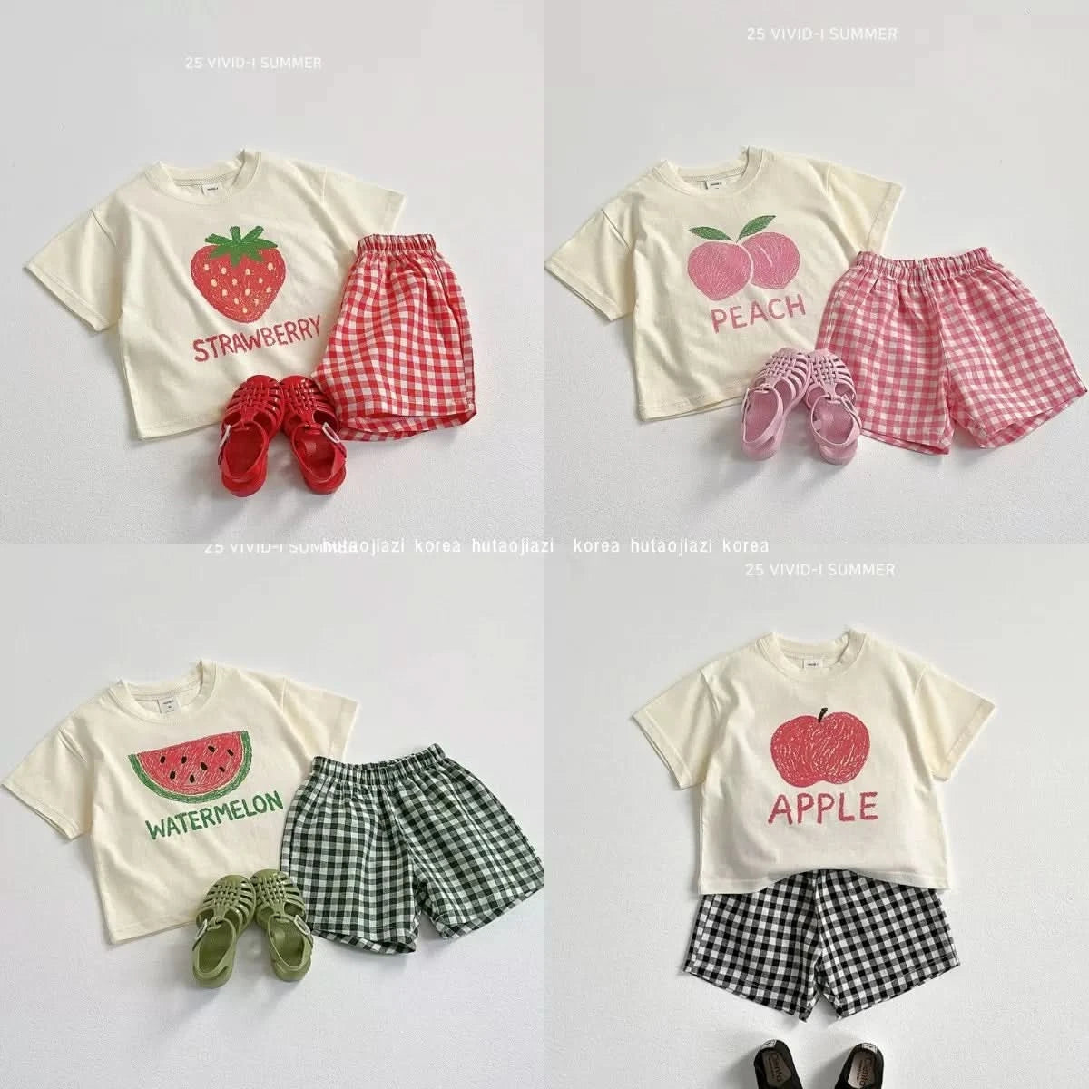 Fruit Tshirt Plaid Shorts 2Piece Set Boys And Girls Cute Tees Loose Shorts Kids New Simple Round Neck Tops+Shorts Kids Suit - M & M Global
