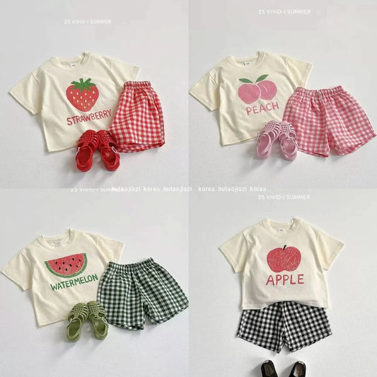 Fruit Tshirt Plaid Shorts 2Piece Set Boys And Girls Cute Tees Loose Shorts Kids New Simple Round Neck Tops+Shorts Kids Suit - M & M Global