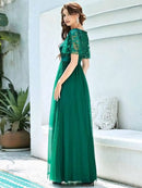2023 New Women's Burgundy A-Line Sequin Mesh Leaf Maxi Prom Dress Sparkle Evening Dresses O-Neck Short Sleeve Long Dress - M & M Global