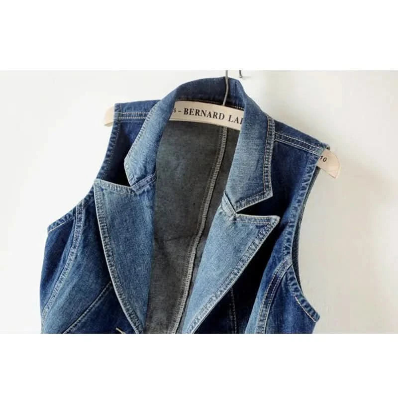PTKPCC Casual Female Tops Women Denim Vest Jacket Spring Autumn Clothes Sleeveless Short Jeans Waistcoats Single-Breasted 5XL - M & M Global