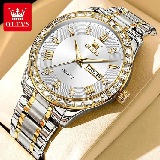 Luxury OLEVS 9906 Quartz Men's Watch with Diamond Dial, Stainless Steel Band, Waterproof Design.