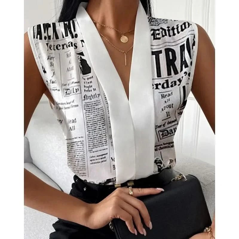 New Women's Office Shirts Summer Lady Sleeveless V-neck Print Elegant Women Blouse Top Streetwear Female Clothing - M & M Global