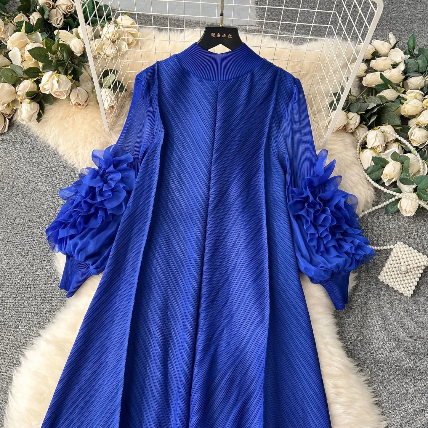 Sweet Pleated Vintage Three-dimensional Flower Loose Long Dress Chic Evening Korean Fashion Fashion Women Summer Dresses - M & M Global