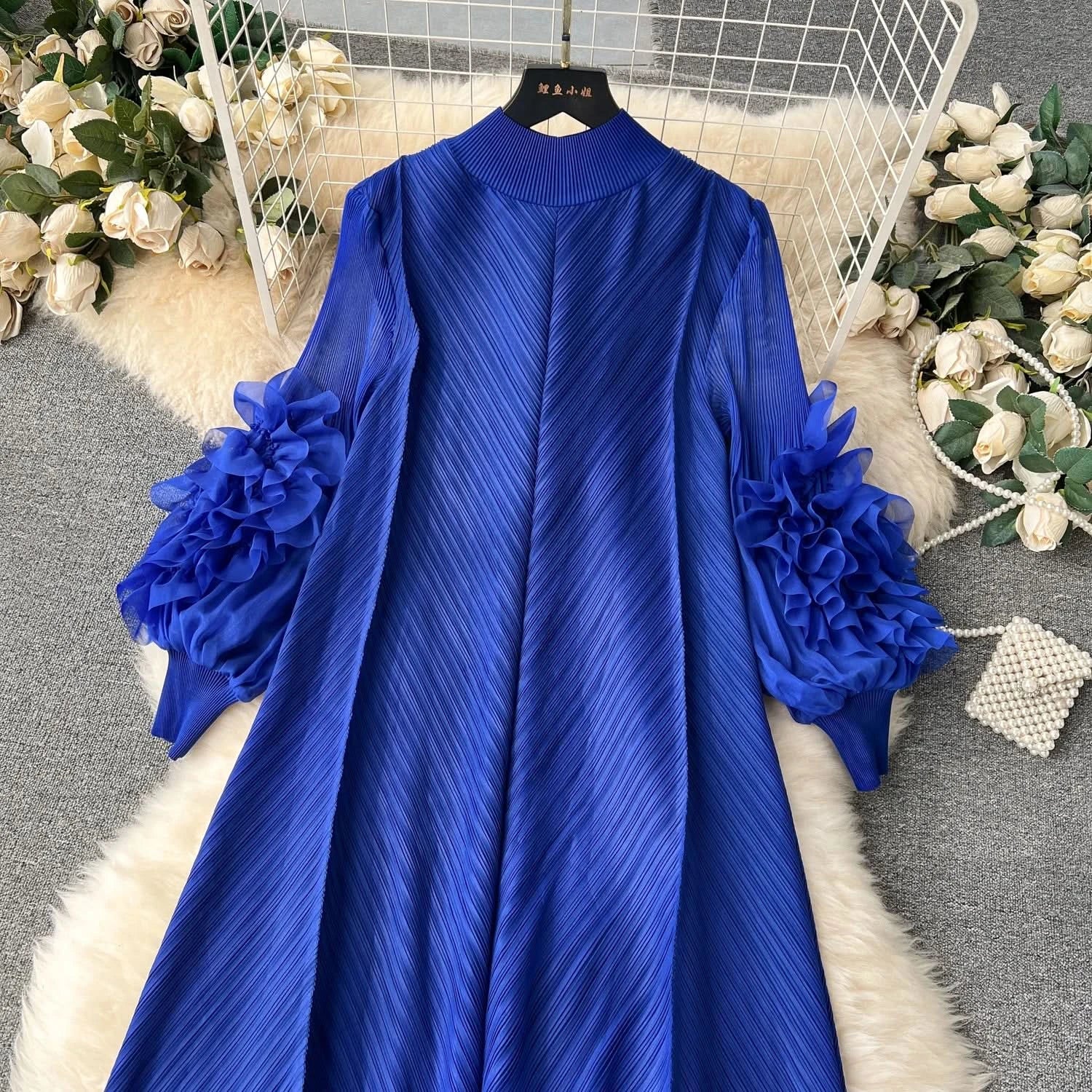 Sweet Pleated Vintage Three-dimensional Flower Loose Long Dress Chic Evening Korean Fashion Fashion Women Summer Dresses - M & M Global