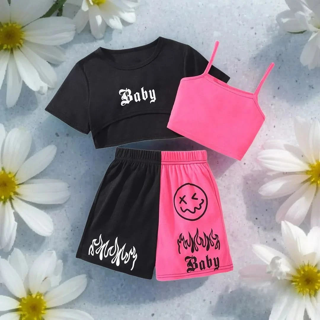 New Kids Girls Clothing Set Summer Short Sleeve Fashion Three Piece Girls Suit Color Block Children Outfits Girls Clothes 8-12Y - M & M Global