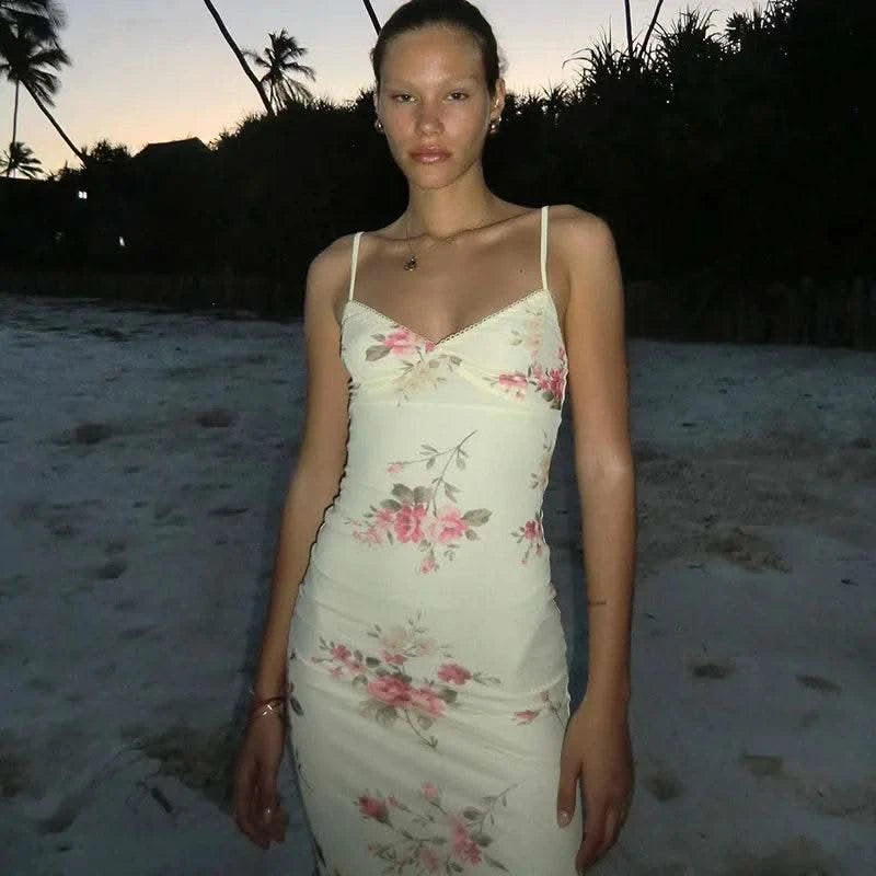 Dulzura Floral Print Strap Midi Dress For Women Bodycon Sexy Party Clothes 2024 Summer Long Dress Y2K Clothes Evening Holiday - M & M Global