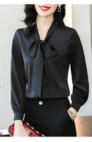 Elegant Pure Color Long Sleeve Women's Shirt with Bow Tie Single Button Open Cardigan Spring Autumn Fashionable Ageless