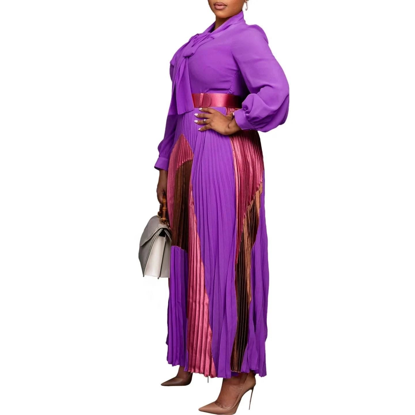 CM.YAYA Elegant Women Wraped Bow Neck Long Sleeve with Sashes Maxi Long Dress Chic INS Sexy Party Prom Big Swing Pleated Dresses - M & M Global