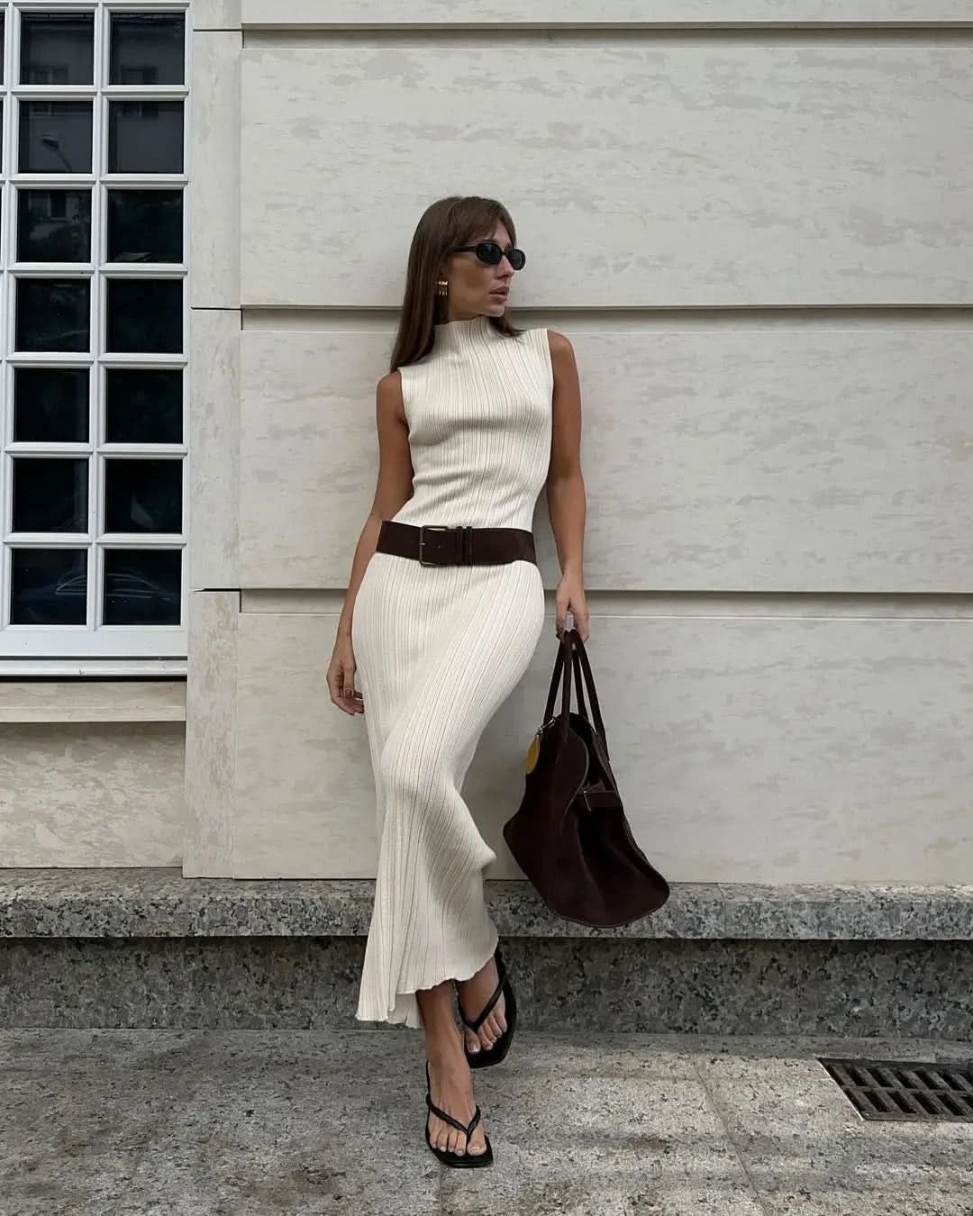 Tossy Sleeveless Knitwear Turtleneck Long Dress Female Slim Elegant Fashion Autumn 2023 Ribbed Knit Dress For Women Maxi Dress - M & M Global