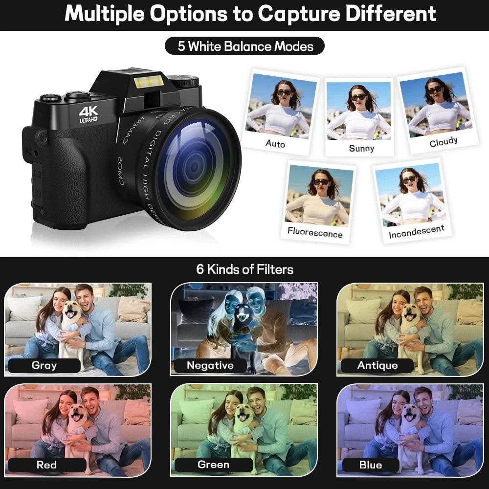 Compact Digital Photography Camera 4K WIFI Webcam Retro Vlog Recorder YouTube 64MP Camcorder 3 Inch Flip Screen Wide Angle Lens - M & M Global