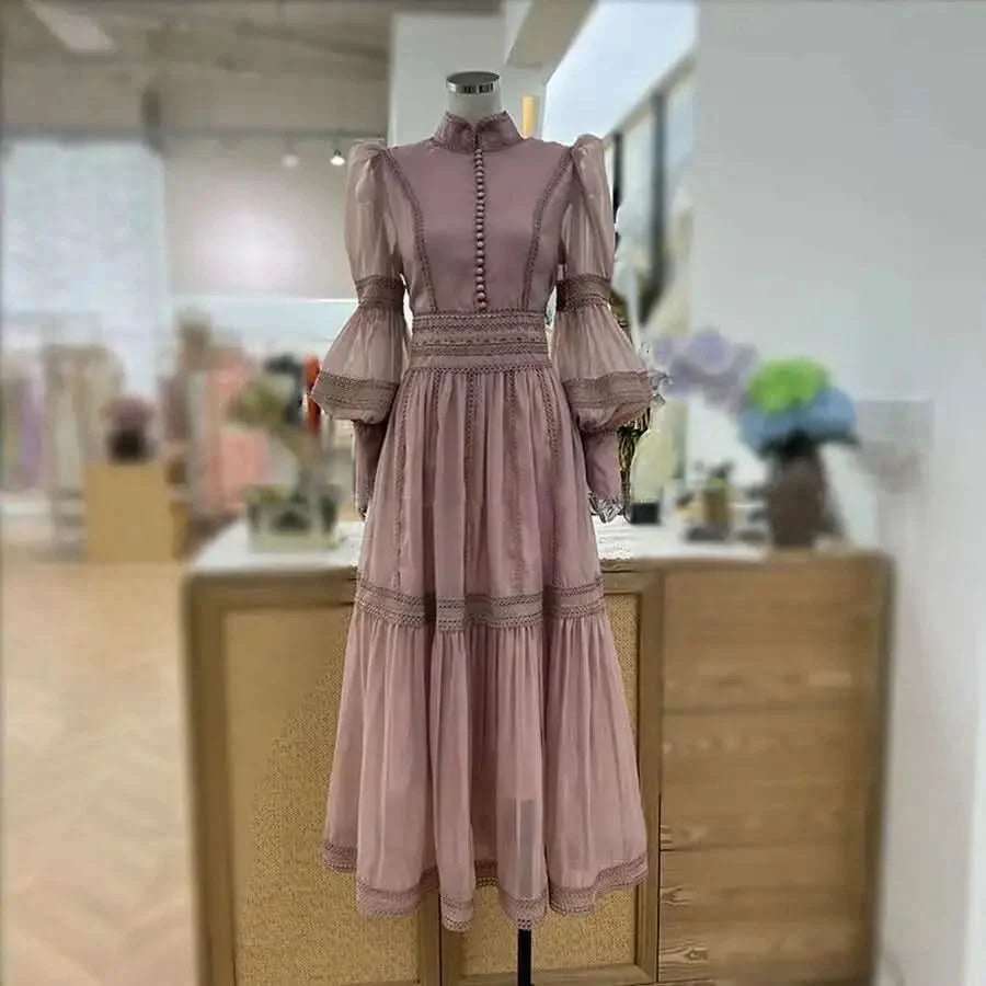UCXQ Elegant Long Dress Fairy Style Stand Up Collar Lantern Sleeves Splicing Waist Fashion Dresses Women 2025 Spring Autumn 1351 - M & M Global