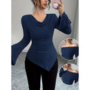 2025 Women Autumn Winter Long Sleeve Y2K Crop Top Trendy Off Shoulder Asymmetrical Fitted Knit V Neck Tee Shirts Tops Streetwear