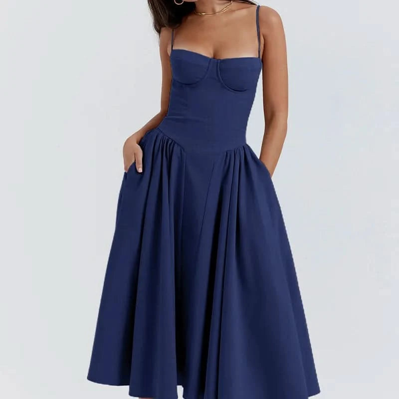 Summer Women Elegant Sleeveless Backless Pleated Dresses Lady Sexy Solid Sling Midi Dress 2024 Female Party Evening A-line Robes - M & M Global