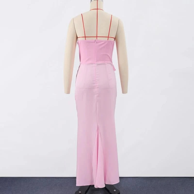 Sexy Strapless Patchwork Long Dress Women Slim Sleeveless Pleated Mermaid Dresses 2025 Spring Summer Lady Evening Solid Robe - M & M Global